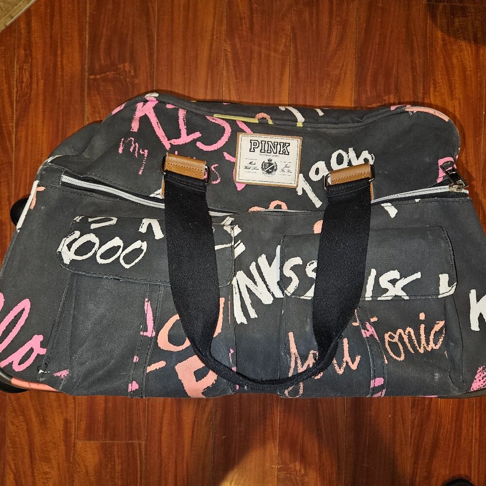 Victoria Secret PINK Black Graffiti Rolling Suitcase Duffle Bag